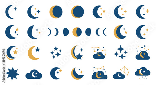 Collection of moon phases and celestial elements in blue and gold colors for design and astrology themes beautifully arranged.