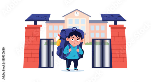 Child carrying overloaded backpack at school entrance, showing heavy academic workload, physical strain, and student burnout in modern flat vector illustration