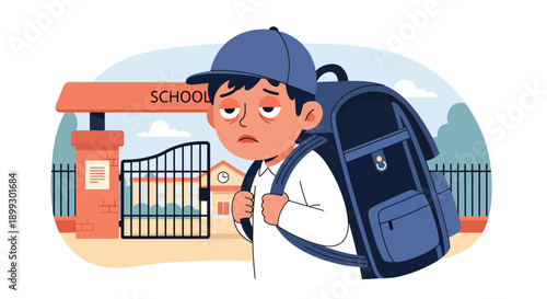 Child carrying overloaded backpack at school entrance, showing heavy academic workload, physical strain, and student burnout in modern flat vector illustration