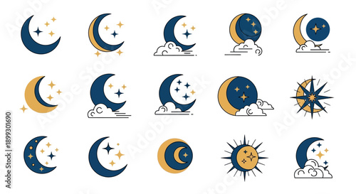 Collection of celestial body icons featuring moon phases and stars in blue and yellow on white background illustration