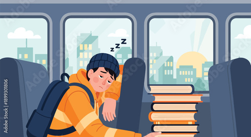 Sleepy student commuting on school bus holding books in early morning light, showing routine fatigue, academic pressure, and daily study burnout in modern flat vector style