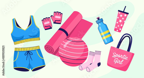 A collection of bright pink and blue fitness accessories for women, including a sports bra, shorts, yoga mats, a stability ball, gloves, socks, water bottles, and a tote bag.