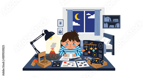 Tired student preparing science project late at night under desk lamp, surrounded by papers and models, showing deadline stress, study fatigue, and academic burnout