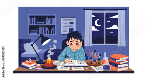 Tired student preparing science project late at night under desk lamp, surrounded by papers and models, showing deadline stress, study fatigue, and academic burnout