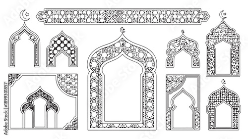 Collection of intricate black and white islamic architectural elements and ornaments for design and decoration purposes inspiration