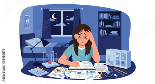 Tired student preparing science project late at night under desk lamp, surrounded by papers and models, showing deadline stress, study fatigue, and academic burnout