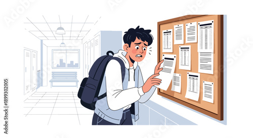 Anxious student checking exam results on school notice board, showing academic pressure, performance stress, and emotional burnout in modern flat vector illustration