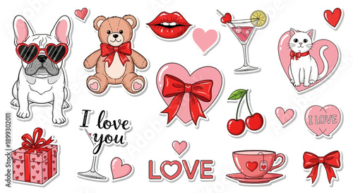 A collection of cute Valentine's Day themed illustrations including a French bulldog, teddy bear, cat, lips, hearts, gifts, and drinks.