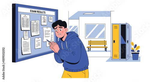 Anxious student checking exam results on school notice board, showing academic pressure, performance stress, and emotional burnout in modern flat vector illustration
