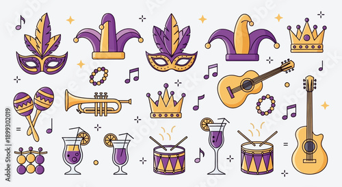 A vibrant collection of Mardi Gras themed icons including masks, crowns, musical instruments, and festive drinks.