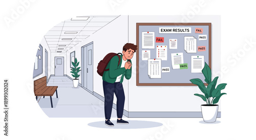 Anxious student checking exam results on school notice board, showing academic pressure, performance stress, and emotional burnout in modern flat vector illustration