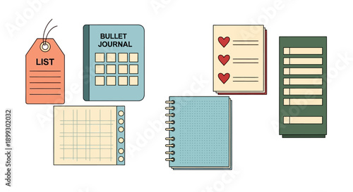 A collection of stationery items including a bullet journal, notebooks, and lists, presented in a flat design style.