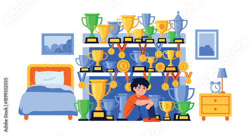 Tired child surrounded by trophies and medals in bedroom, showing achievement pressure, parental expectations, and emotional burnout in modern flat vector illustration