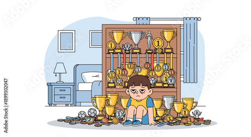 Tired child surrounded by trophies and medals in bedroom, showing achievement pressure, parental expectations, and emotional burnout in modern flat vector illustration