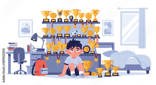 Tired child surrounded by trophies and medals in bedroom, showing achievement pressure, parental expectations, and emotional burnout in modern flat vector illustration