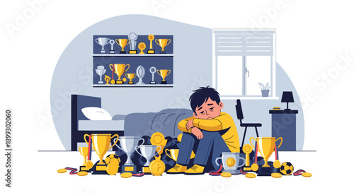 Tired child surrounded by trophies and medals in bedroom, showing achievement pressure, parental expectations, and emotional burnout in modern flat vector illustration