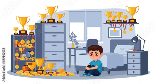 Tired child surrounded by trophies and medals in bedroom, showing achievement pressure, parental expectations, and emotional burnout in modern flat vector illustration