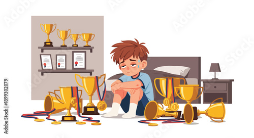 Tired child surrounded by trophies and medals in bedroom, showing achievement pressure, parental expectations, and emotional burnout in modern flat vector illustration