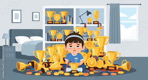 Tired child surrounded by trophies and medals in bedroom, showing achievement pressure, parental expectations, and emotional burnout in modern flat vector illustration