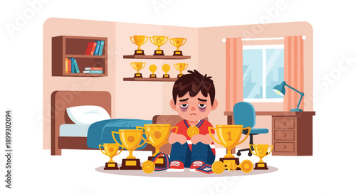 Tired child surrounded by trophies and medals in bedroom, showing achievement pressure, parental expectations, and emotional burnout in modern flat vector illustration
