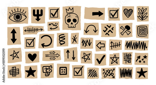 A collection of hand-drawn icons and symbols on torn pieces of brown paper, featuring a variety of shapes and designs.