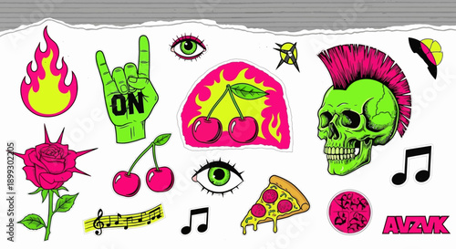 A vibrant collection of neon-colored graphic elements including flames, a skull with a mohawk, cherries, a rose, musical notes, and a pizza slice.
