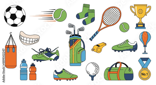 A vibrant collection of sports equipment and accessories, including balls, shoes, bags, and trophies, illustrating various athletic activities.