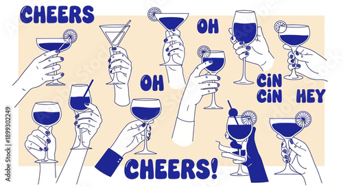 A collection of hands holding various cocktail glasses filled with blue drinks, with text like "Cheers" and "Oh" scattered around.
