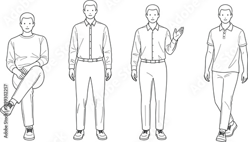Male character line illustration set, standing and sitting man poses, casual outfit outlines, minimal people vector, clean lifestyle drawing
