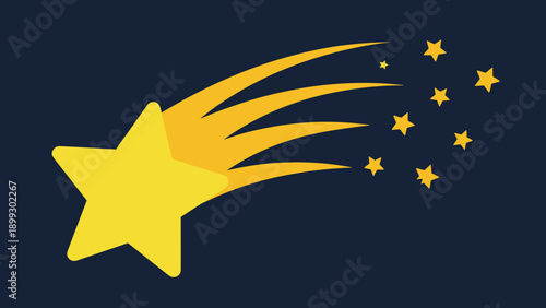 Bright yellow shooting star flies across a dark blue sky leaving a trailing wake of several smaller stars for a magical feel.