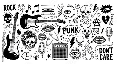 A collection of hand-drawn punk rock and music-themed illustrations including guitars, skulls, lips, and lightning bolts.