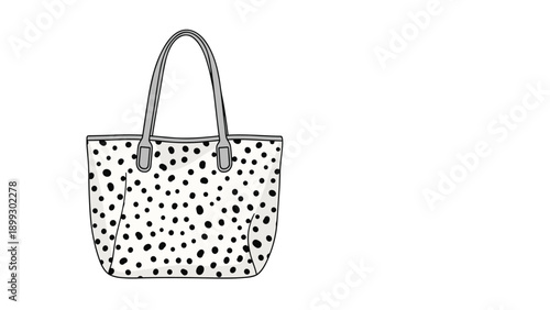 Simple white tote bag with large black polka dots and grey handles is shown in a clean line art style on a white background.