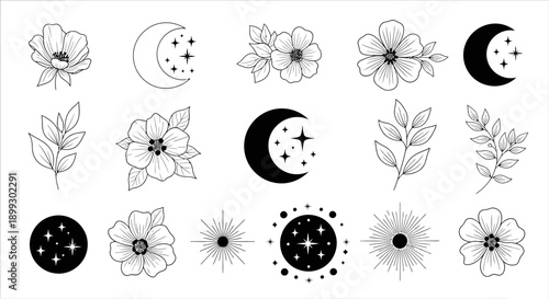 Collection of hand-drawn celestial and floral elements, including moons, stars, and flowers, presented in a minimalist black and white line art style.