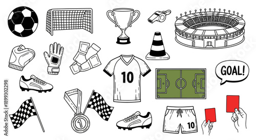A collection of hand-drawn illustrations representing various elements associated with the sport of soccer, including equipment, a stadium, and game-related items.