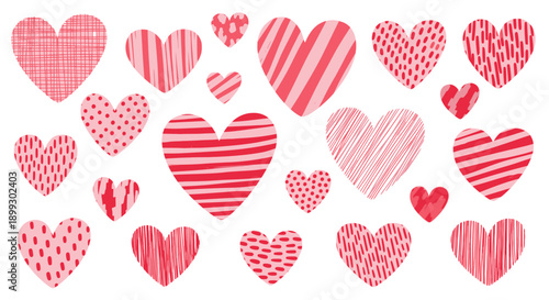A collection of various red and pink hearts with different patterns and textures, symbolizing love and affection.