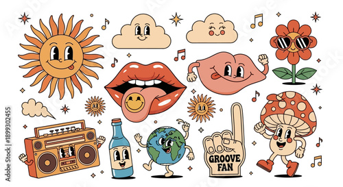 A vibrant collection of retro-style cartoon characters and objects, including a smiling sun, clouds, lips, a flower, a mushroom, a boombox, a bottle, and the Earth.