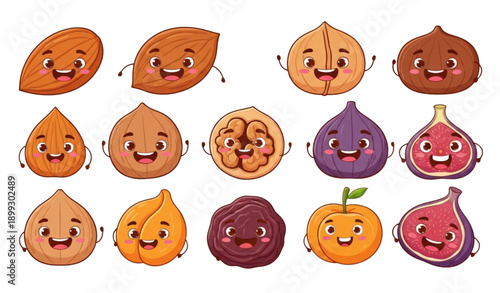 A colorful vector illustration of smiling fruits and leaves on a white background