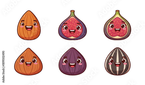 A colorful illustration of smiling cartoon fruits on a white background