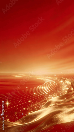 Golden Ribbons and Sparkling Star Trails on Red Background