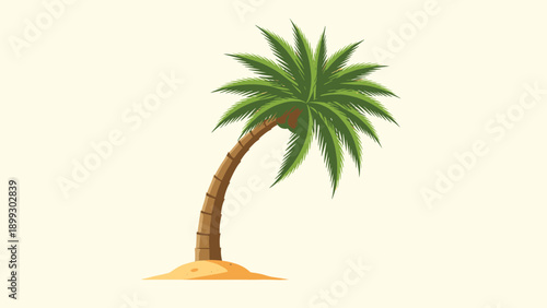 Tropical palm tree leaning over a small sand patch in flat design style representing beach vacations and summer paradise.