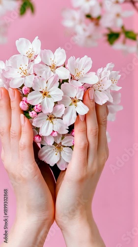 Gentle hands embrace blossoms against pink backdrop depicting delicate floral beauty