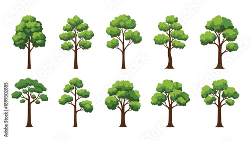 Collection of various green deciduous trees in flat design style for forest landscape and environmental conservation themes.