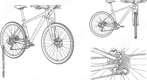 Mountain bike technical vector illustration, bicycle side view and gear detail, cycling sport mechanical outline drawing design
