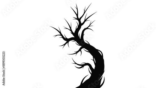 Spooky silhouette of a gnarled leafless tree in black against a white background for halloween and forest themes.