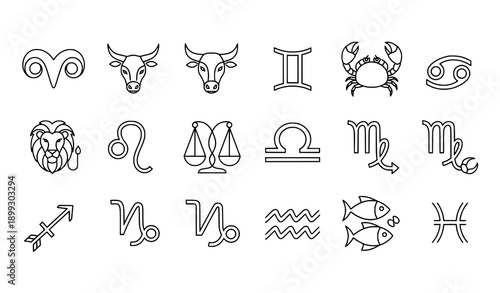 Minimal Zodiac Sign Line Icons Set Vector Astrology Symbols Collection Isolated on White