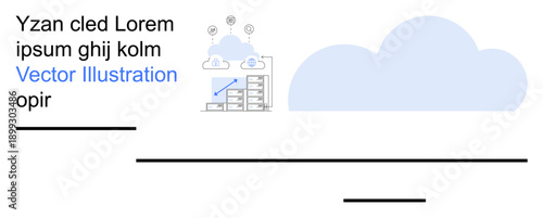 Cloud computing, data storage, network connection, digital technology, internet services, and online solutions. Cloud graphic with building and network icons. Cloud computing and data storage concept