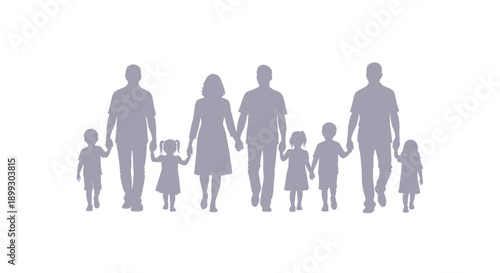 A family of eight people walking together