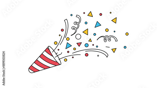 Festive party cracker releasing a shower of bright red, blue, and yellow confetti and streamers to celebrate a joyful special occasion.