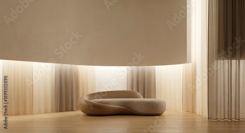 Modern interior design with curved sofa and artistic lighting