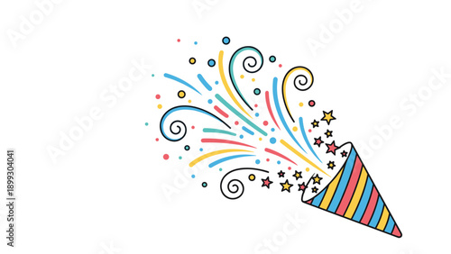 Vibrant party cone releasing a large shower of colorful thin streamers, small dots, and stars, creating a lively atmosphere for any event.